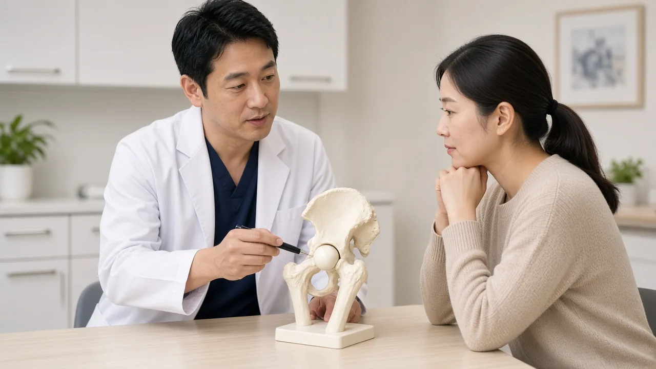 Avascular necrosis of the femoral head showing collapse and irregular bone of the necrotic segment beside the acetabulum