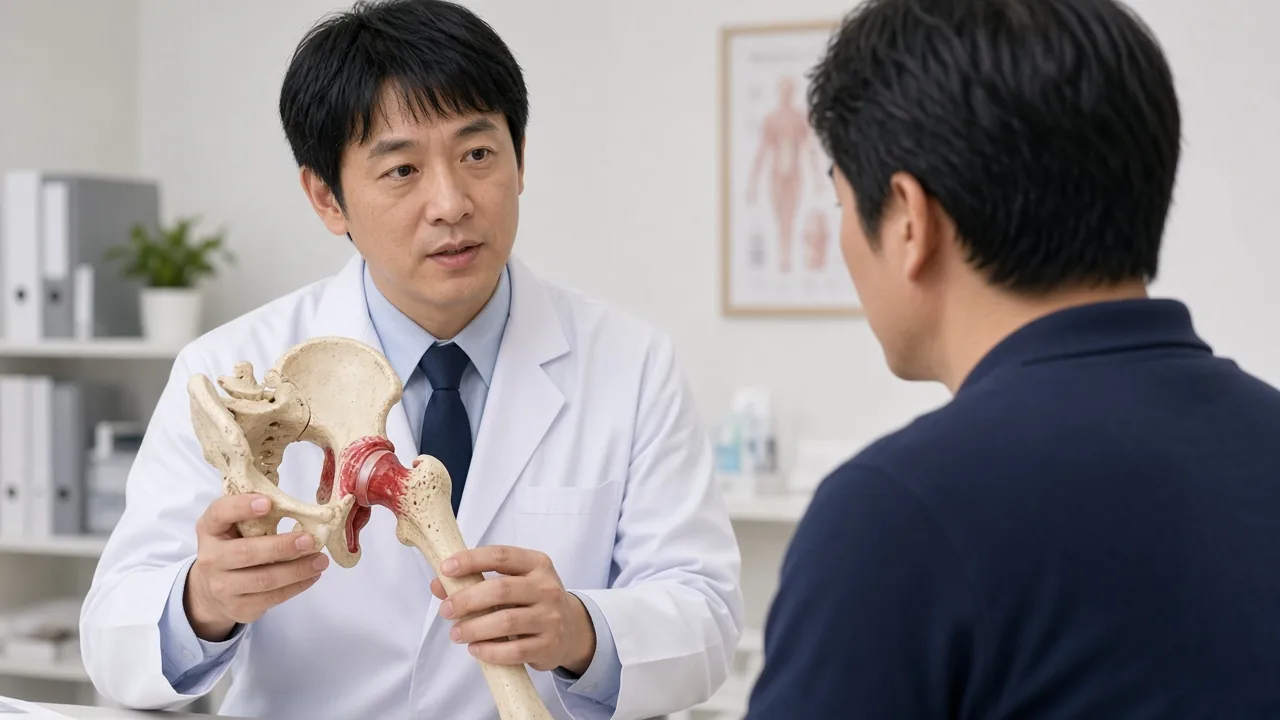 Total hip replacement implant seated in an adult pelvis and proximal femur, with a femoral stem, femoral head and acetabular cup