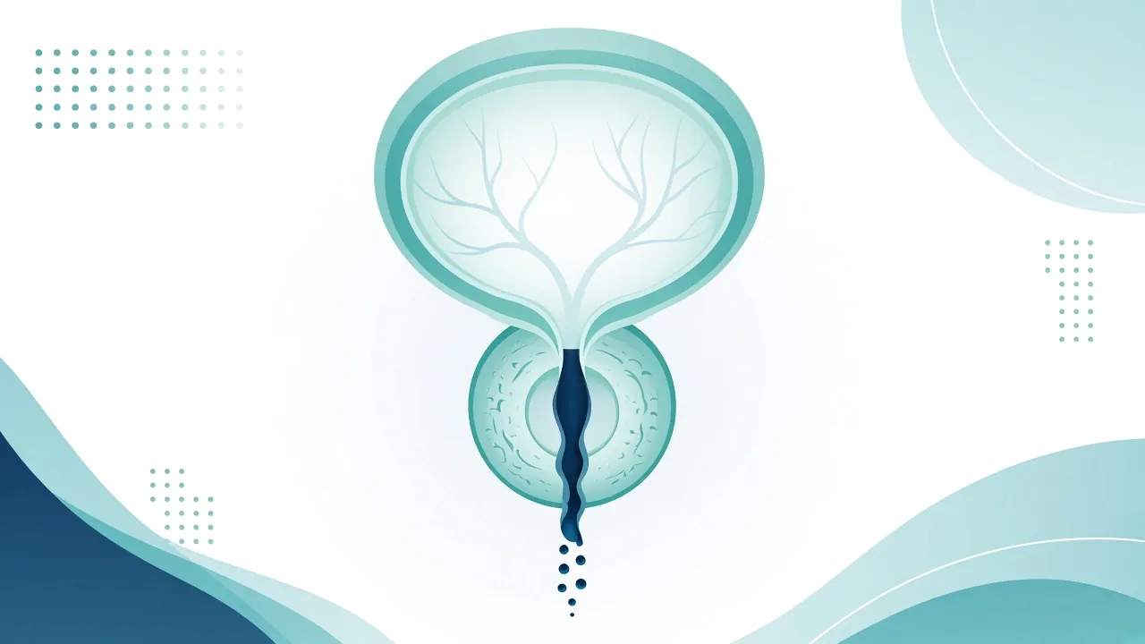 Educational unlabeled schematic of a bladder above an enlarged prostate narrowing the urethra