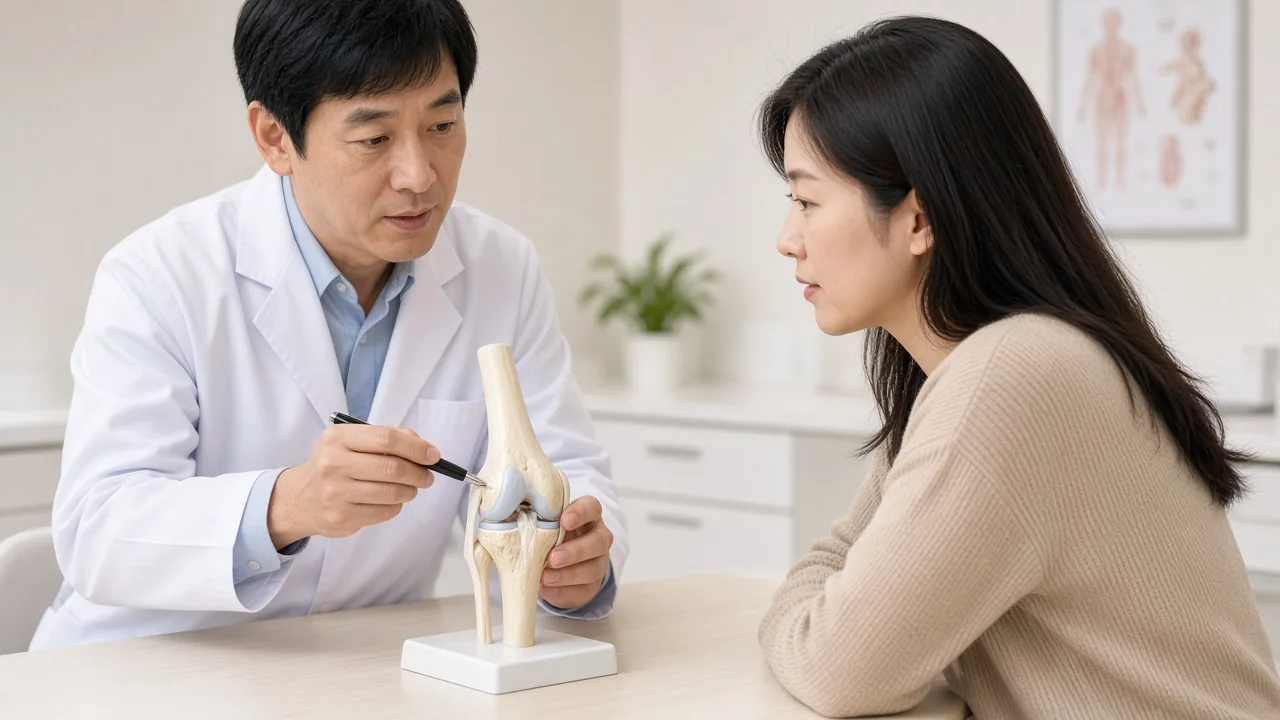 Orthopaedic surgeon performing robotic-assisted knee replacement while a robotic arm assists bone preparation in an operating theatre