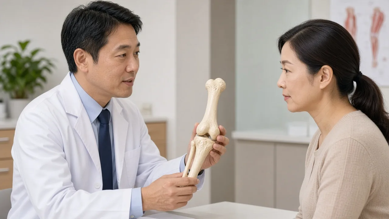 Adult patient in physiotherapy after tibial lengthening, with a circular frame in place while ankle dorsiflexion is assisted