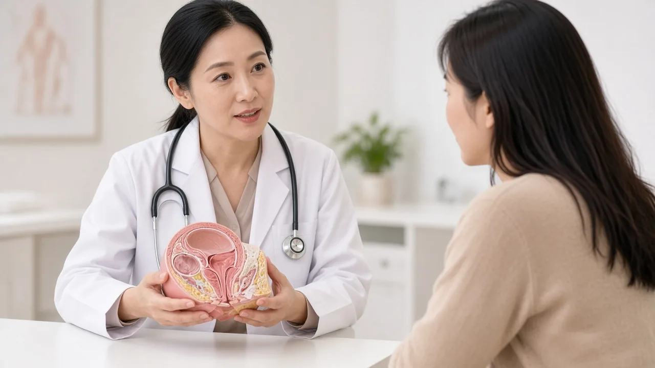 Gynecologic oncologist reviewing a pelvic overlay with a patient in clinic