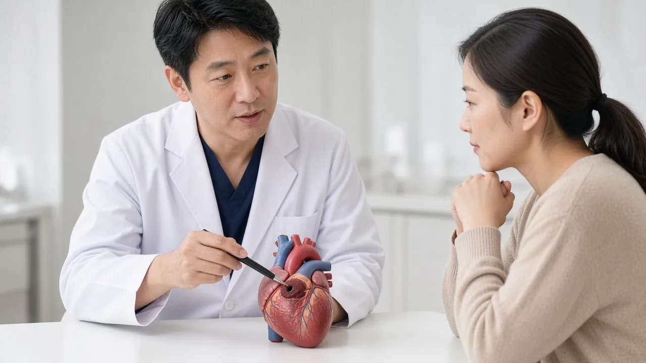 Educational illustration of a dual-chamber pacemaker generator and leads