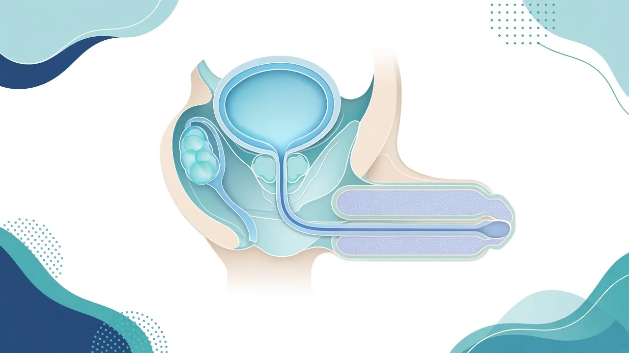 Educational unlabeled schematic of the bladder, urethra and paired corporal chambers