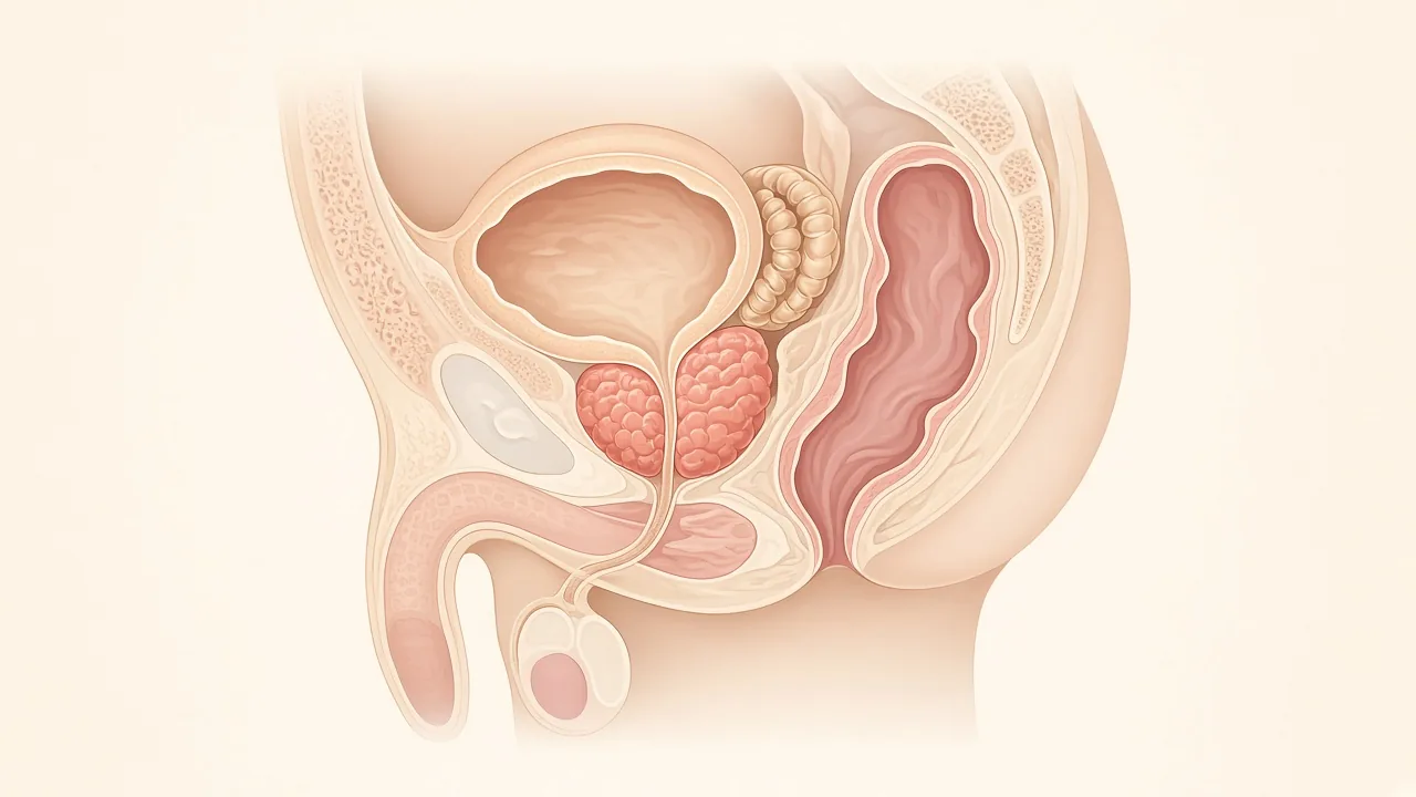 Educational unlabeled sagittal illustration of the male pelvis used as the hero