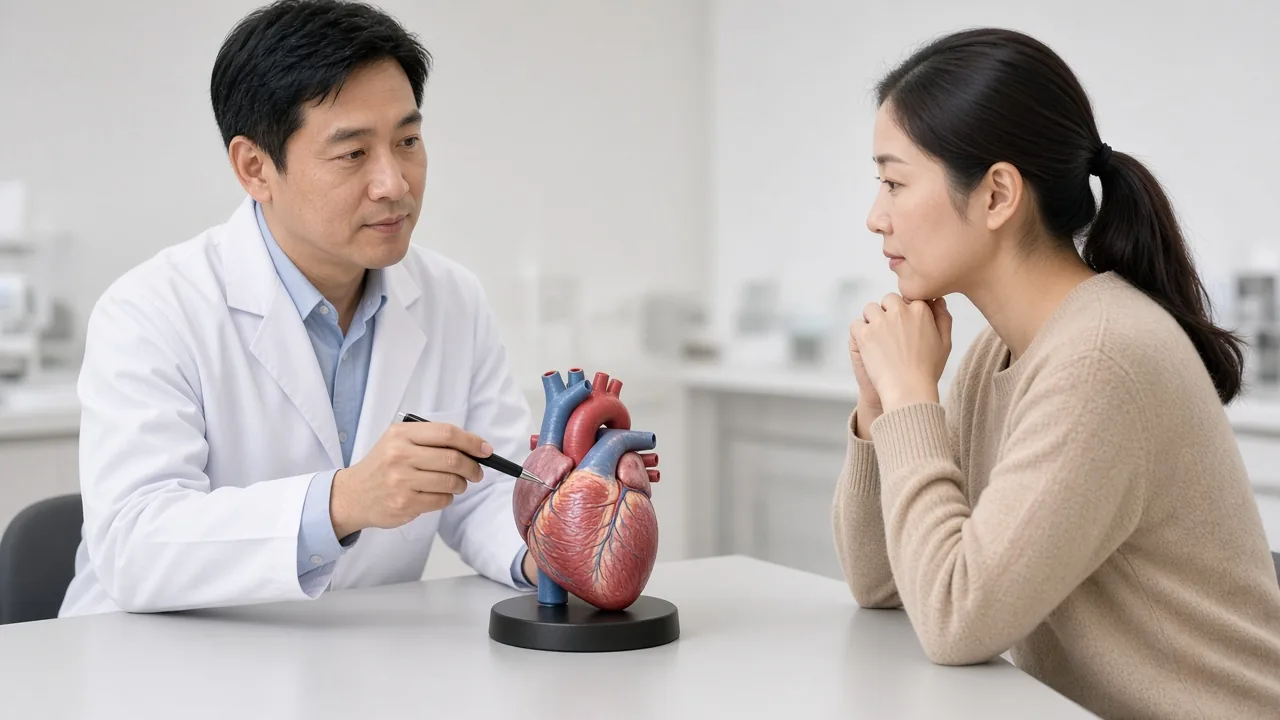 Educational illustration of a healthy aortic valve versus calcific aortic stenosis