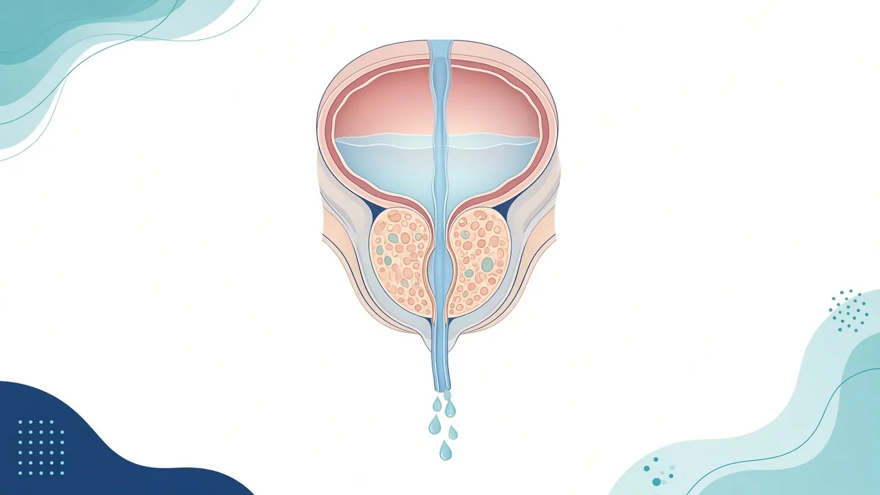 Educational unlabeled schematic of a bladder above an enlarged prostate squeezing the urethra
