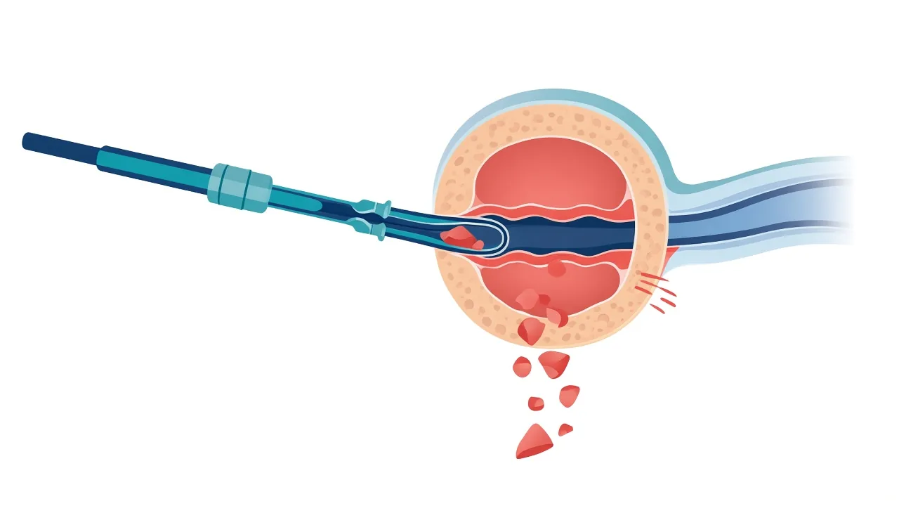 Unlabeled schematic of a resectoscope entering the urethra and cutting chips of inner prostate tissue